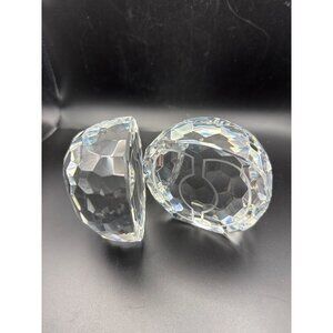 Set Of Two Large Clear Crystal Faceted Half Egg Paperweights